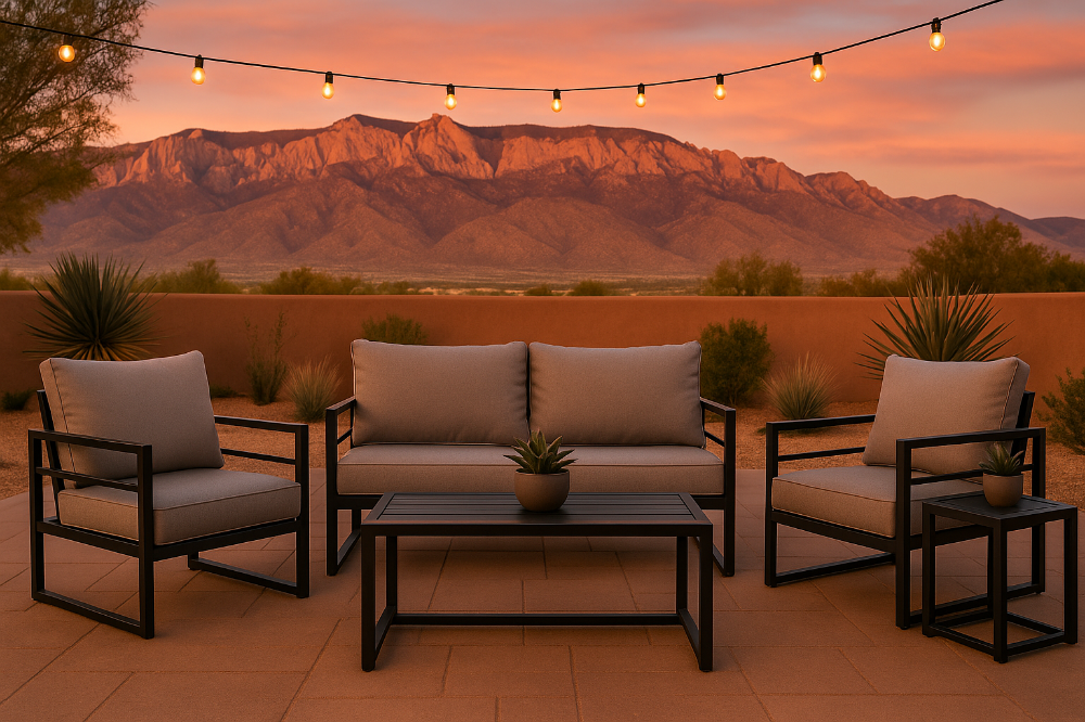 Drexel outdoor patio dining set with table, chairs, and umbrella shown with mountains in background